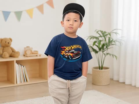 Anak memakai kaos Hot Wheels untuk aktivitas sehari-hari