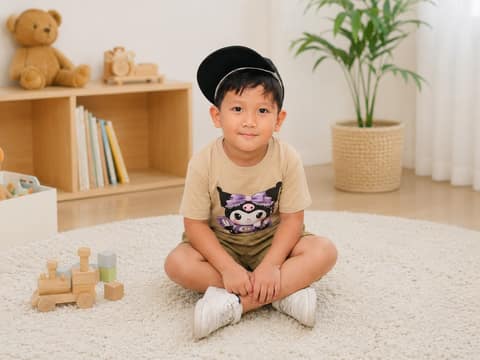 Anak memakai kaos Kuromi saat bermain di rumah
