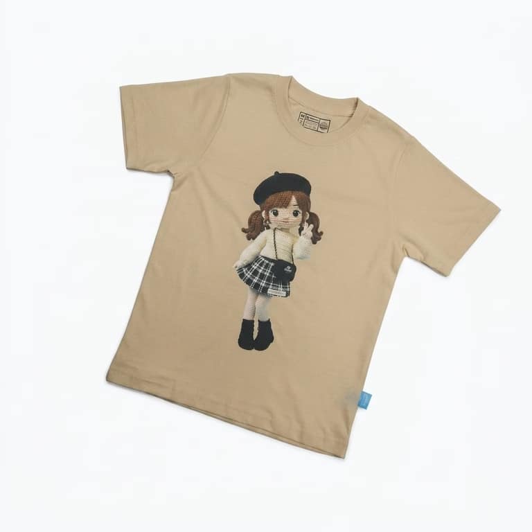 Kaos Boneka Gadis Beret - warna Krem