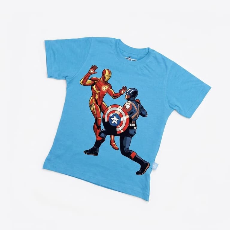 Kaos Iron Man dan Captain America - warna Biru Muda