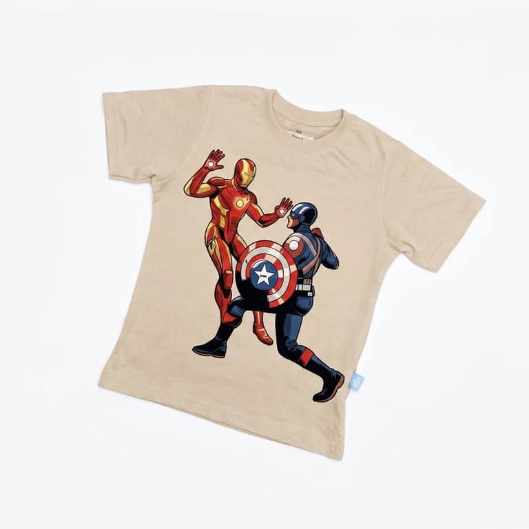 Kaos Iron Man dan Captain America - warna Krem