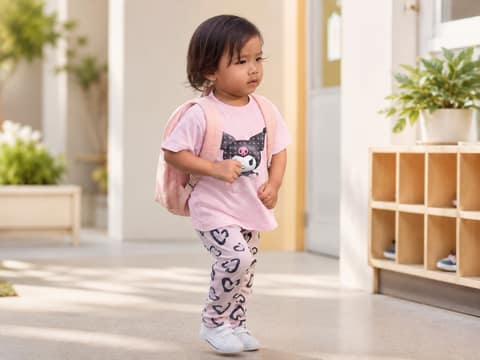 Anak memakai kaos Kuromi dan tas saat pergi ke sekolah